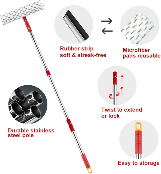 Squeegee for Window Cleaning, 12" Squeegee and 11" Microfiber Scrubber Combi with Stainless Steel Pole, Extendable Window Cleaner for Car, Sliding Door, Shower Glass Door-Swivel Style-2 Pads