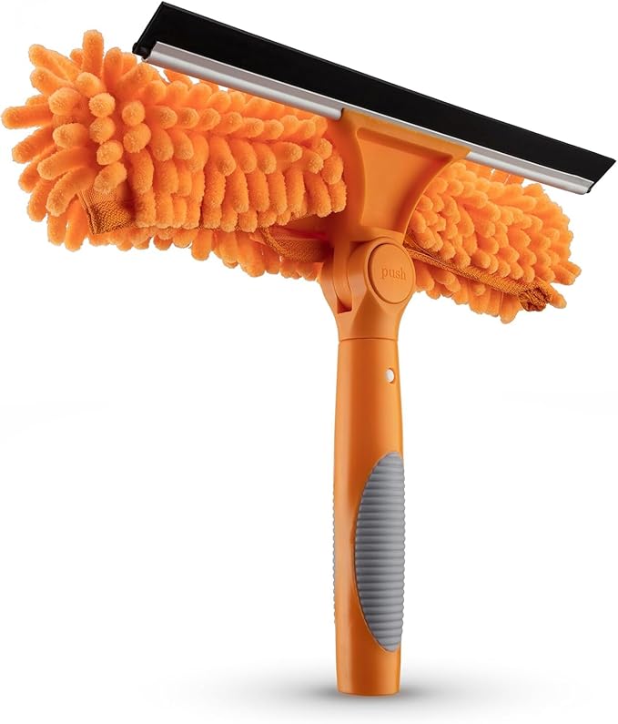 Window Squeegee and Microfiber Scrubber 2-in-1 Combo // Multi-Angle Window Cleaning Tool // Window Washing Equipment for Solar Panel and RV Windshield // Threaded Window Cleaner (pole sold separately)