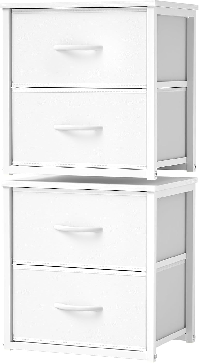 2-Pack Stackable Storage Drawers (4 Drawers Total), White Closet Organizer with Wooden Top & Metal Frame, Freestanding or Stackable Dresser for Bedroom, Living Room, Under Bed