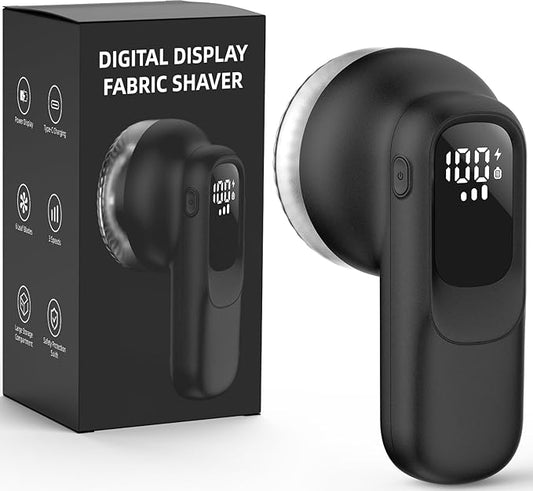 Fabric Shaver, Lint Remover Rechargeable with 3 Speeds, 6 Leaf Blades, Digital LED Display to Remove Fuzz Lint Balls for Clothes, Furniture, Sweater and Couch (Black)