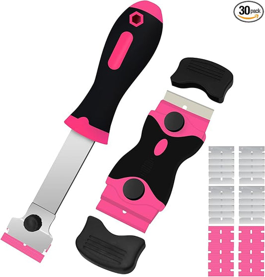 DEKEones Razor Blade Scraper, 2 PCS Razor Scraper Tool for Removing Label, Registration Sticker, Tint, Grease from Windshield, Appliance, Glass（Pink）
