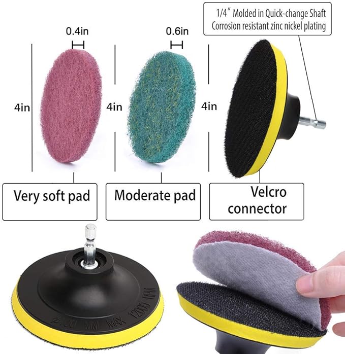 DUOSHIDA 4 Inch Drill Powered Brush Tile Scrubber Scouring Pads Cleaning Kit, 2 Different Stiffness, 4-Inch Disc Pad Holder with 6 Scrubbing Pads, Cleans Large Flat Areas Perfectly (4-inch)
