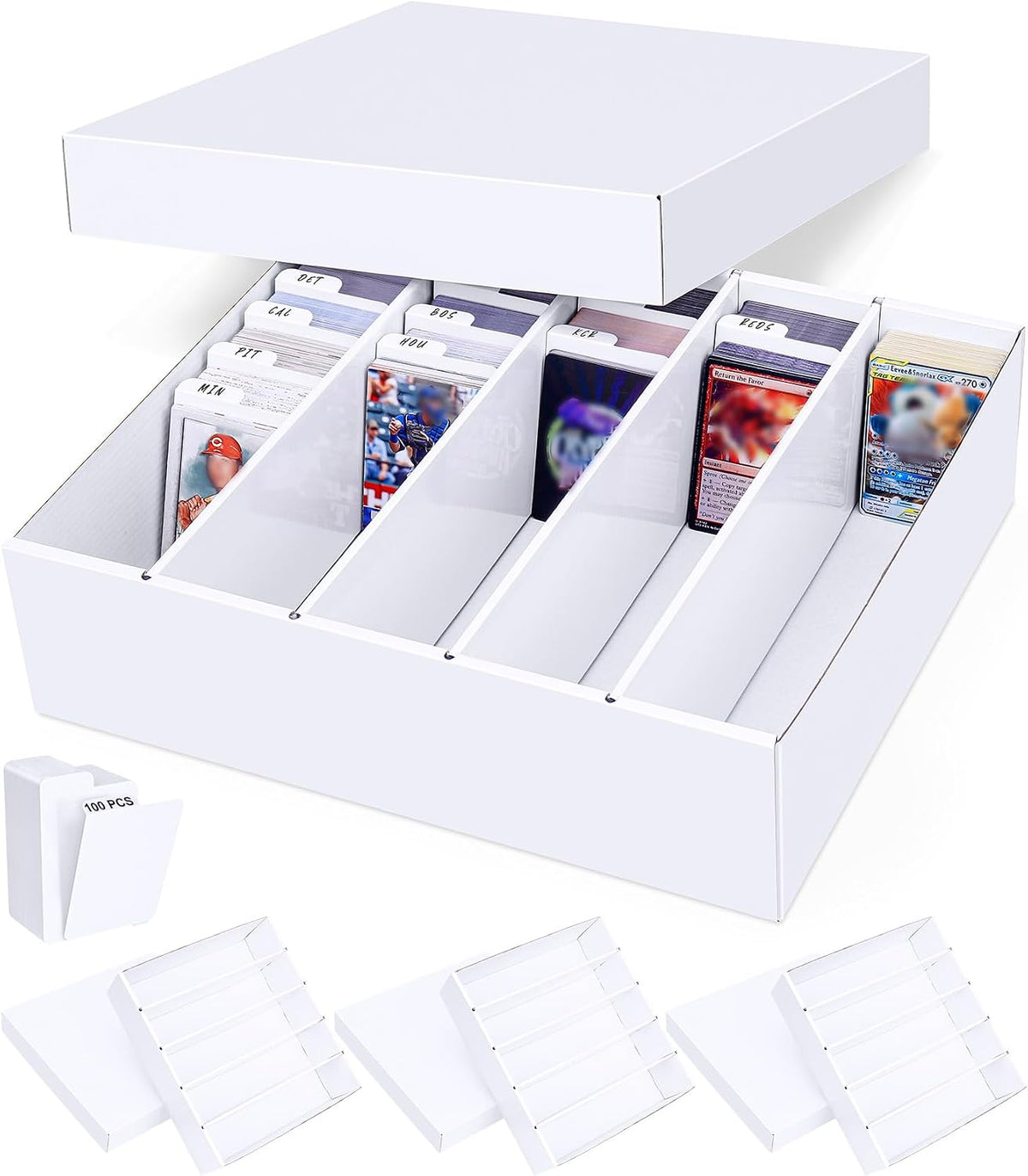 5-Row Trading Card Storage Box, 4-Pack with Divider for MTG & Sports Cards