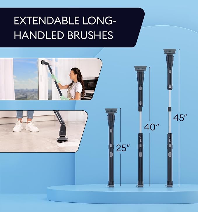 GENIANI Electric Spin Scrubber - 360 Cordless Powerful Scrub Brush for Cleaning Bathroom, Tile, Floor, Tub & Shower with Adjustable Extension Handle & 3 Replaceable Rotating Brush Heads (Gloss Black)