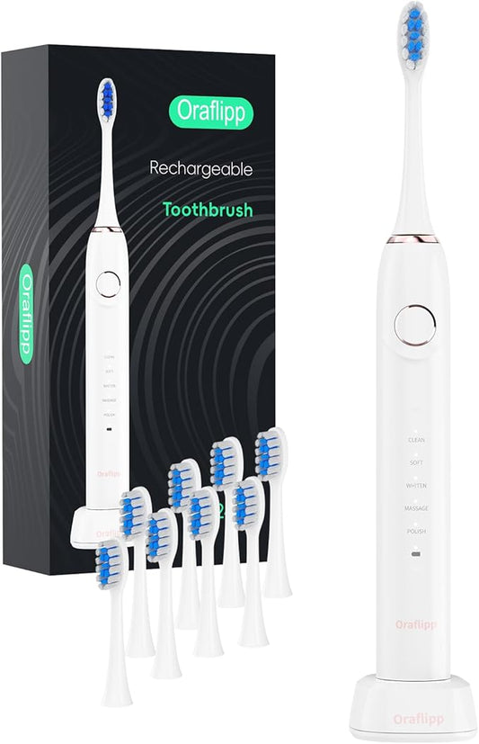 Sonic Electric Toothbrush - 40,000 VPM Power Toothbrush with 5 Modes, Smart Timer & Mode Memory, IPX7 Waterproof, 30 Days Battery Life with Inductive Charger, 8 Brush Head (White)