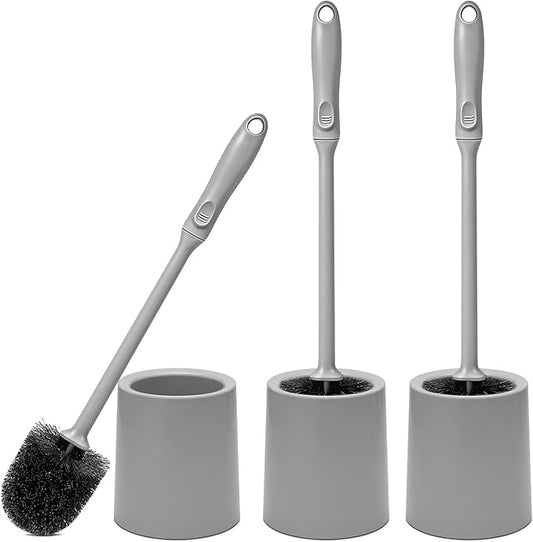 Toilet Brush and Holder 3 Pack with Long Handle - Non-Slip Grip Toilet Bowl Brush Set for Deep Cleaning Bathroom, Toilet Scrubber- Gray