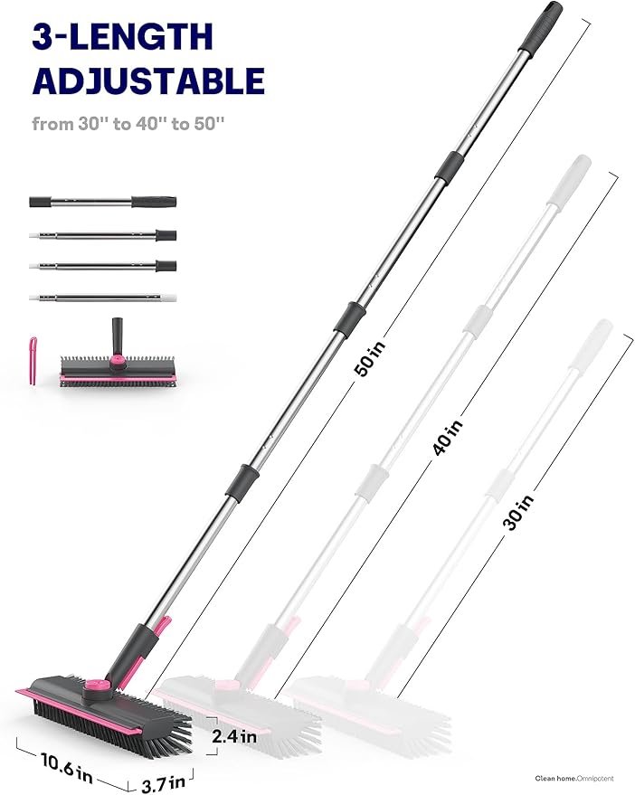 Floor Scrub Brush with Long Handle, 3 in 1 Multi-angle Swivel Right Angled Bristle Floor Scrubber Brush with Squeegee and Tweezer for Tile Wall Deck Bathroom Patio Garage Kitchen (Pink and Grey)