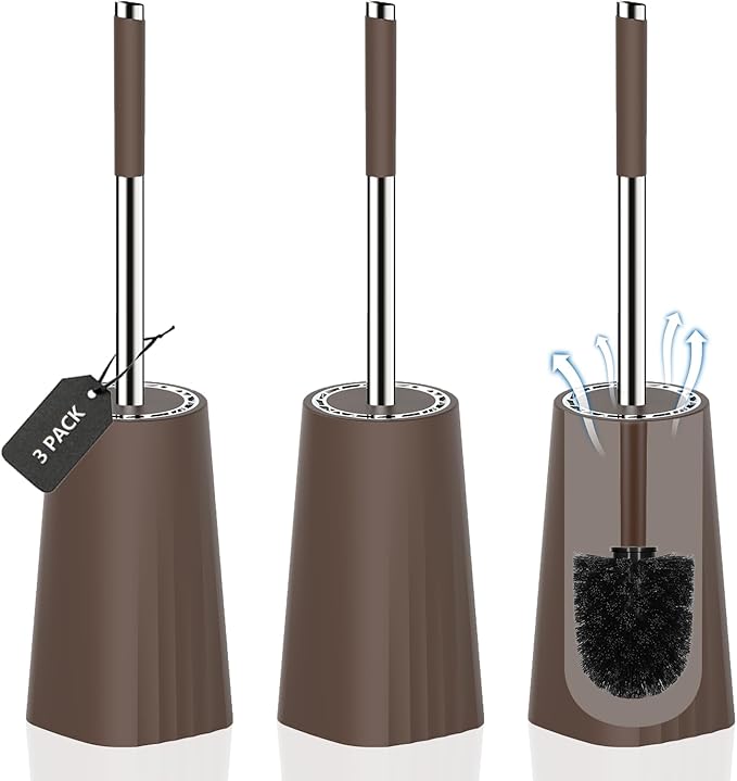 SetSail Toilet Brush, Compact Size Toilet Bowl Brush and Holder Toilet Brushes for Bathroom with Stainless Steel Handle Toilet Cleaner Brush with Durable Scrubbing Bristles, 3 Packs,Brown