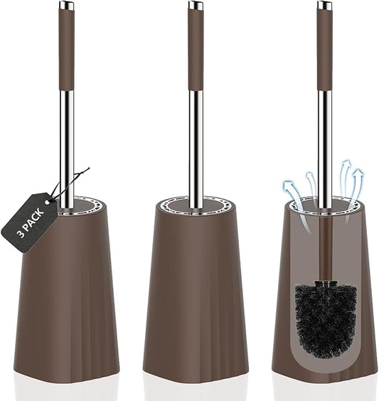 SetSail Toilet Brush, Compact Size Toilet Bowl Brush and Holder Toilet Brushes for Bathroom with Stainless Steel Handle Toilet Cleaner Brush with Durable Scrubbing Bristles, 3 Packs,Brown