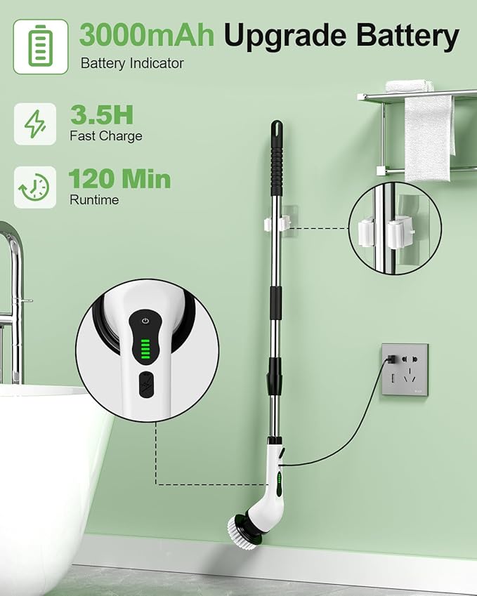 Electric Spin Scrubber, Cordless Power Cleaning Brush with 9 Replaceable Heads, Rechargeable Shower Scrubber with Adjustable Handle, IPX7 Waterproof Scrubber for Bathroom Tile Car,White-ra1