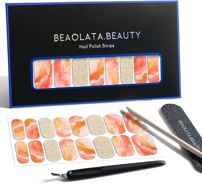 Nail Polish Strips, 32PCS Salon Quality Wraps, Long Lasting Gel Nail Stickers for Women Easy Apply& Remove (Citrus Dream Orange)