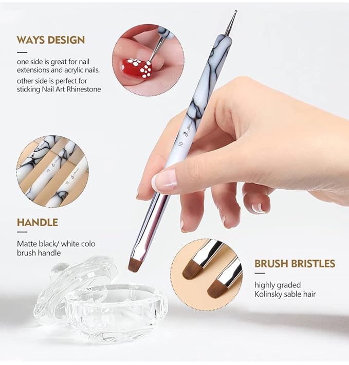 French Nail Brush, YIHUALE 2 Way French Gel Acrylic Nail Art Kolinsky Brush With Dotting Tool for Professional Manicure Cuticle Clean Up Nail Art Design- White And Black (14#, White And Black)