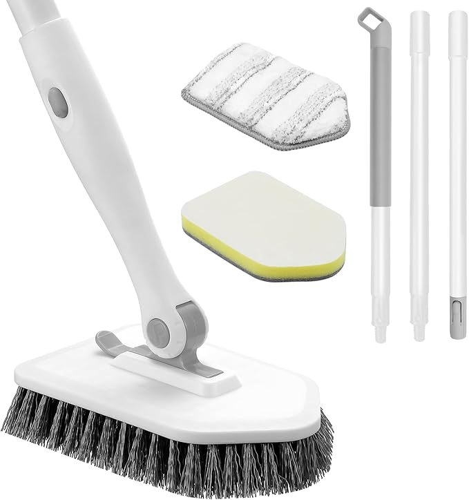 nacena Shower Scrubber with Long Handle, 3 in 1 Tile Tub Scrubber Brush with 3 Detachable Cleaning Heads Adjustable Handle Shower Cleaner Brush for Bathroom, Kitchen, Toilet, Wall, Sink, Grey White