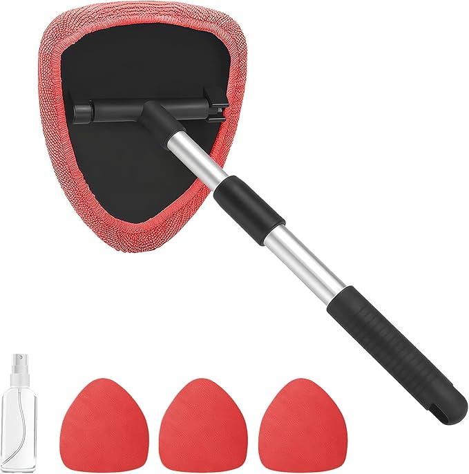 Windshield Cleaning Tool, Car Window Cleaner with Extendable Handle, 4 Microfiber Pads and Spray Bottle, Auto Interior Exterior Glass Wiper Cleaning Kit Universal for RV, SUV, Truck (Red)