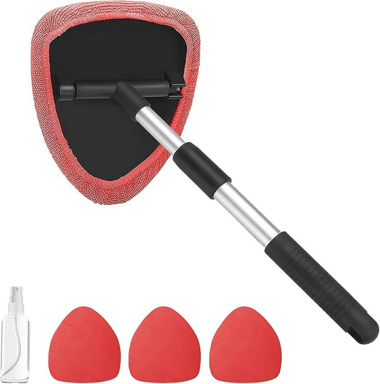 Windshield Cleaning Tool, Car Window Cleaner with Extendable Handle, 4 Microfiber Pads and Spray Bottle, Auto Interior Exterior Glass Wiper Cleaning Kit Universal for RV, SUV, Truck (Red)