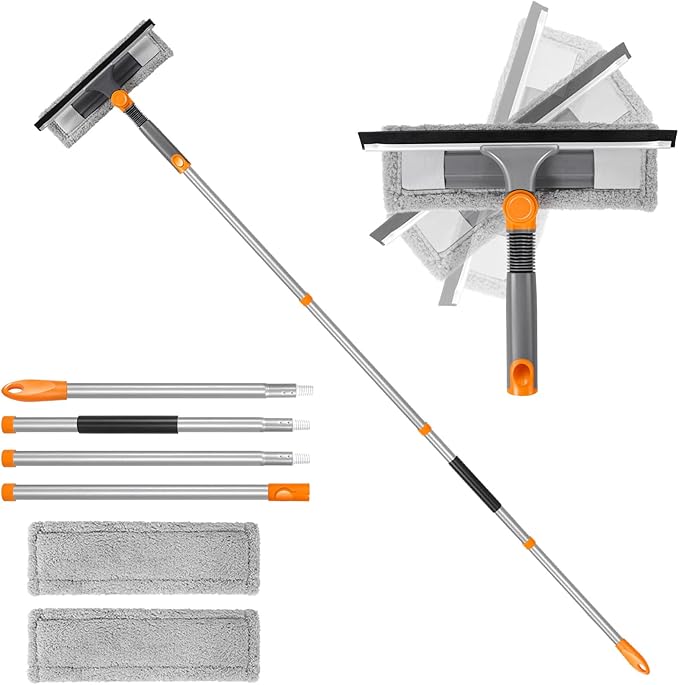 MASTERTOP 64”Window Squeegee with Extension Pole, 2-in-1 Professional Window Glass Cleaner Tool,Microfiber Cloth Window Washer Tool, Home Window Squeegee for Glass, Tile, Mirror