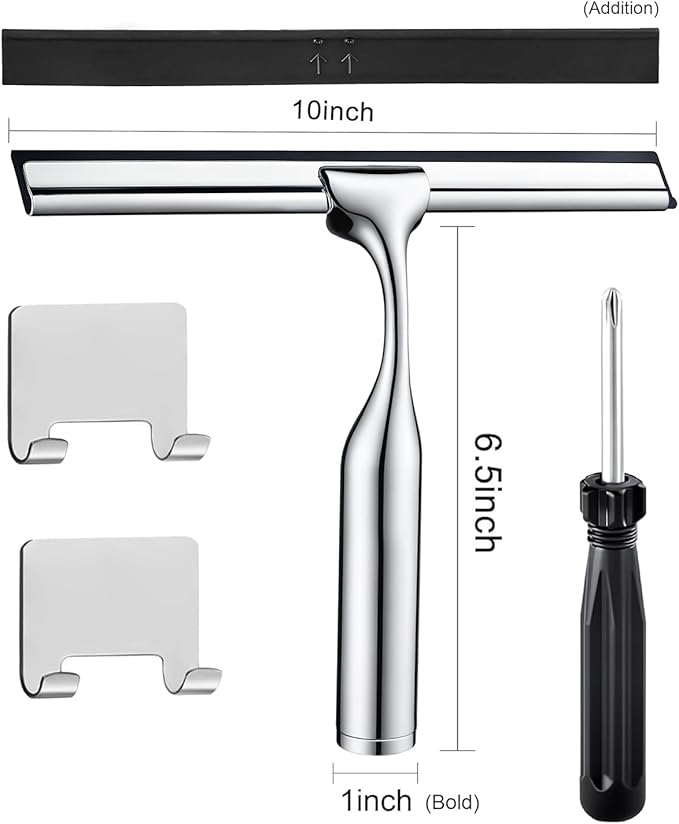 10" Squeegee for Shower Glass Door LASSHSWA All-Purpose Shower Squeegee for Glass Doors Bathroom Cleaner Tool Car Window Mirror Tile Wall Windshield Household with 2 Hooks and 2 Rubber Strips