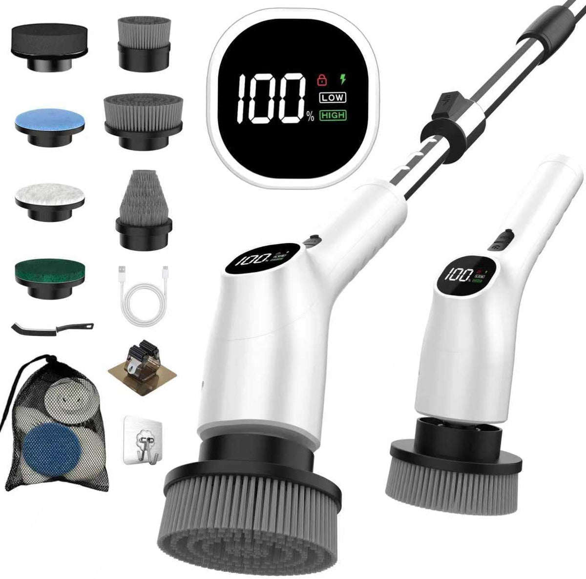 Electric Spin Scrubber - 10-in-1 Cordless Shower Scrubber & Cleaning Brush with Extendable Handle, 44 in-lbs Ultra High Torque, 2 Speeds, IPX7, LED Display, Smart AI Chip, for Bathroom, Kitchen