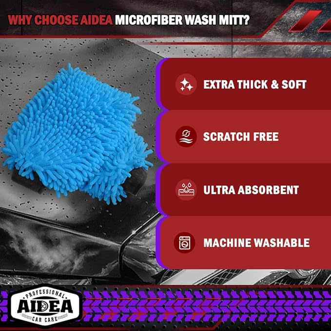 AIDEA Car Wash Mitt Microfiber-2PK, Scratch-Free& Lint-Free, Premium Chenille Microfiber Wash Mitt-Blue Regular Size (7.12''X10.14'')