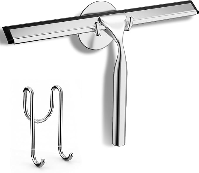 FARMER Shower Squeegee for Glass Doors, 10-Inch Glass Squeegee for Windows, Car Glass and Mirrors, Multi-Purpose Stainless Steel Squeegee with Suction Wall Hook and Over Door Hook, Silver