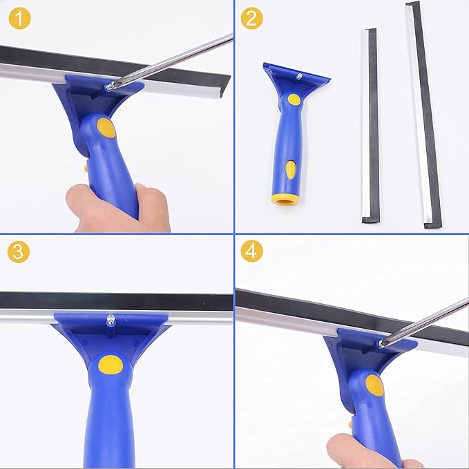 Window Washing Kit with Extension Pole, 10" Squeegee & 11" Microfiber Scrubber Combi with Stainless Steel Pole, Window Cleaner for Car, Sliding Door,Shower Glass Door-Swivel Style-2 Pads
