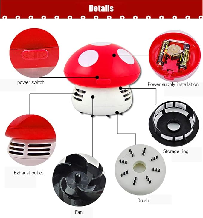 Aliotech Mini Cute Table Dust Vacuum Cleaner Mushroom Shaped Portable Corner Desk Vacuum Cleaner Mini Cute Vacuum Cleaner Dust Sweeper(Red)