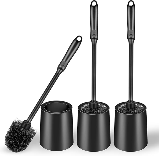 Toilet Brush and Holder 3 Pack with Long Handle - Non-Slip Grip Toilet Bowl Brush Set for Deep Cleaning Bathroom, Toilet Scrubber- Black