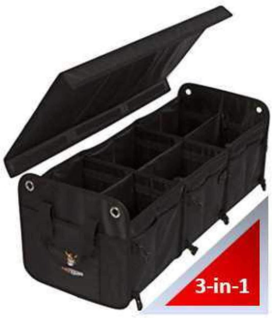 Tuff Viking Convertible Large 3 Compartment SUV Trunk Organizer | Truck Bed Organizer with Cover for Trucks, Cars, SUVs and Groceries. PATENTED (4-in-1 with Cover, Black)