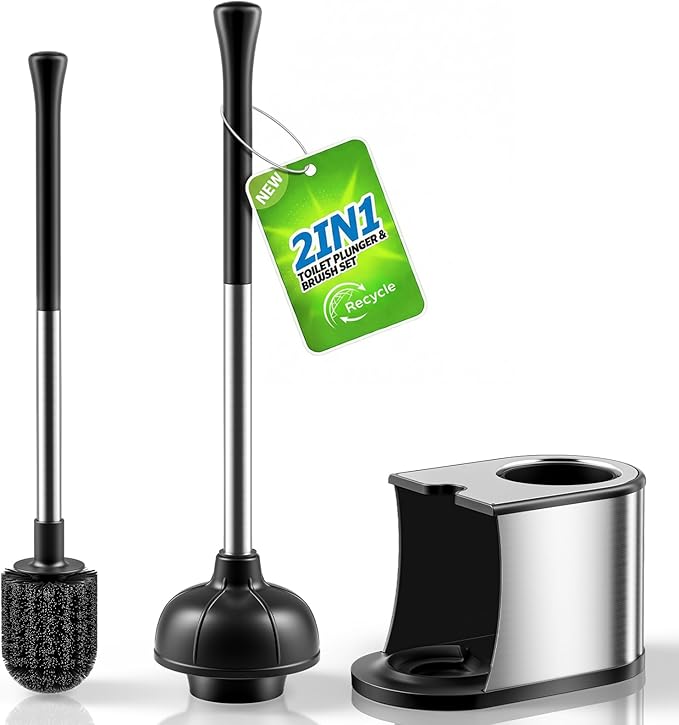HAMITOR Toilet Plunger and Brush Set: Bathroom Powerful Cleaning Round Bristle Brush - Stainless Steel Heavy Duty Unclogging and Bowl Brush Combo - Compact Home Apartment Restroom Decor Accessories