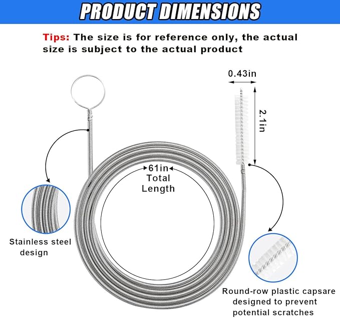 61 Inch Flexible Long Drain Brush, Nylon Stainless Steel Flexible Feeding Tube Cleaning Brush, Elastic Slim Hose Pipe Brushes Auto Sunroof Drain Hole Cleaning Tool for Car Home Fridge (White)