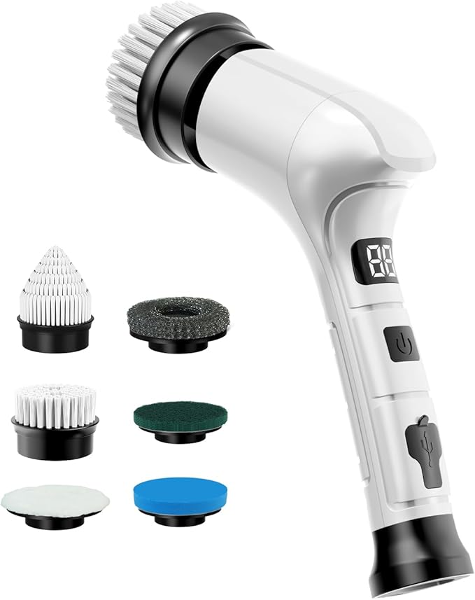 Electric Spin Scrubber, Cordless Household Cleaning Brush with 6 Replaceable Heads, 3 Speeds, LED Display, Lightweight Handheld Power Scrubber for Cleaning Stove/Bowl/Sink/Corner/Tile/Grout-White