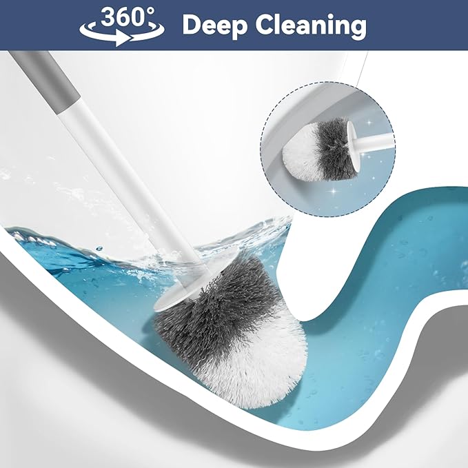 Toilet Brush, 2 Pack Compact Toilet Bowl Brush and Holder Set with Nylon Bristles Toilet Cleaner Brush Hidden Toilet Scrubber Brush for Bathroom Cleaning, Grey & White