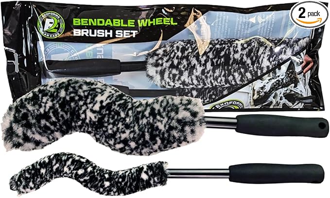 ExoForma Bendable Brush Set - Unique Adjustable 2-Piece Wheel Brush Set Cleans Behind Wheels - Tough Yet Gentle Wool Fiber + No-Scratch Rubber Tip Safe for All Wheel Types - Comfy Ergonomic Grip