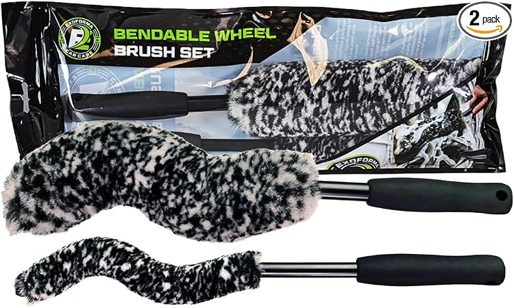 ExoForma Bendable Brush Set - Unique Adjustable 2-Piece Wheel Brush Set Cleans Behind Wheels - Tough Yet Gentle Wool Fib