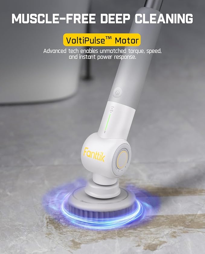 Fanttik Flip G9 Pro Electric Scrubber, VoltiPulse Motor, Dual-Speed Cleaner with 6 Brush Heads, Adjustable Angle & Extendable Handle, IPX7 Waterproof, Type-C Charge for Bathroom, Tile, Grout - White