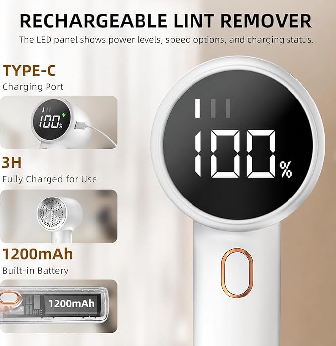 Fabric Shaver, Lint Remover Rechargeable, Electric Portable Sweater Defuzzer with 3 Speeds, 6 Leaf Blades, Digital LED Display to Remove Pilling for Clothes, Furniture, Sweater, Couch, Blanket