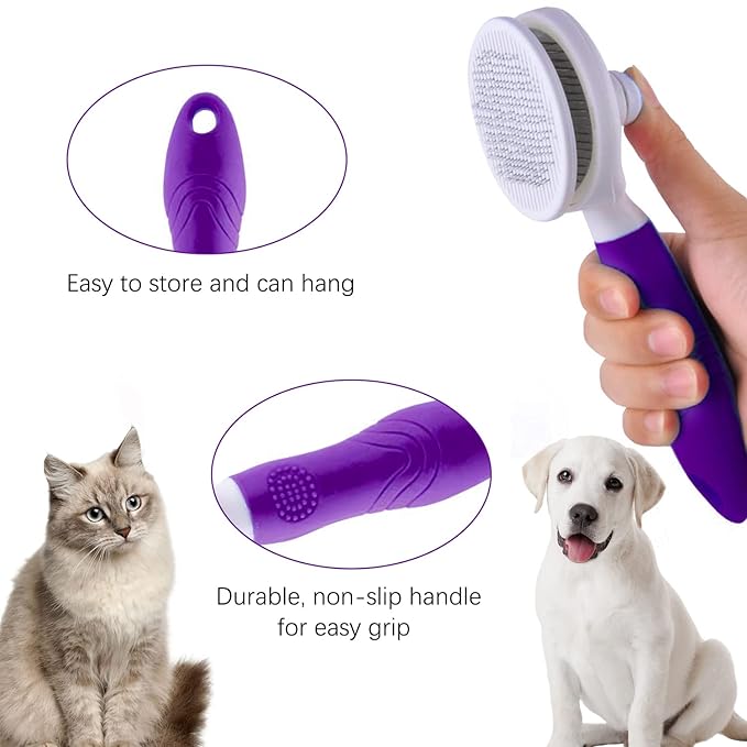 Self Cleaning Slicker Brush - Cat Brush Skin-Friendly Deshedding Grooming Massaging Tool for Long & Short Haired Pets, Cat Hair Brushes Easy Removes Undercoat for Dogs Cats Rabbits-UPGRADED, Purple