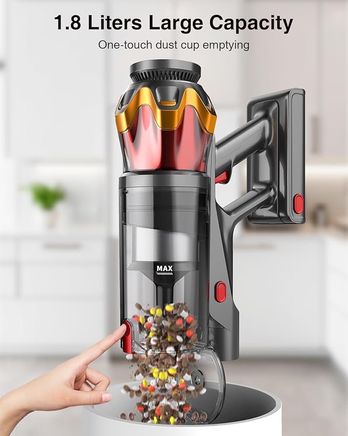 mohomo Cordless Vacuum Cleaner 650W 55KPa Suction, 70Min Runtime Stick Vacuum with Self-Standing, Anti-Tangle Brush, OLED Touch Screen for Hardwood Floor, Carpet, Pet Hair - Red