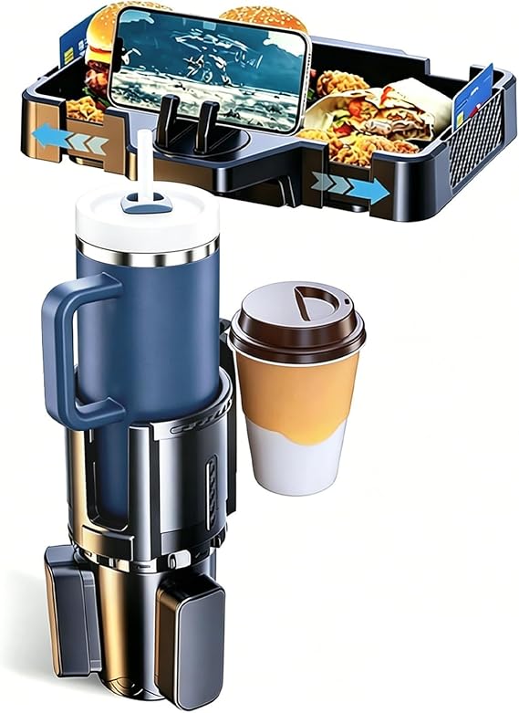 Car Cup Holder Tray, 10 Inch 4-in-1 Cup Holder Tray, 360° Rotating Drink Holder Expander with Detachable Food Tray & Pho