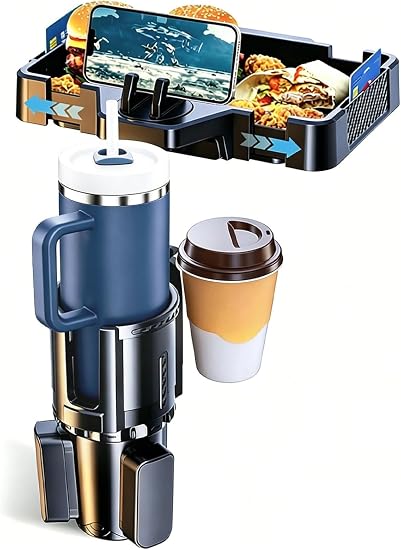Car Cup Holder Tray, 10 Inch 4-in-1 Cup Holder Tray, 360° Rotating Drink Holder Expander with Detachable Food Tray & Pho