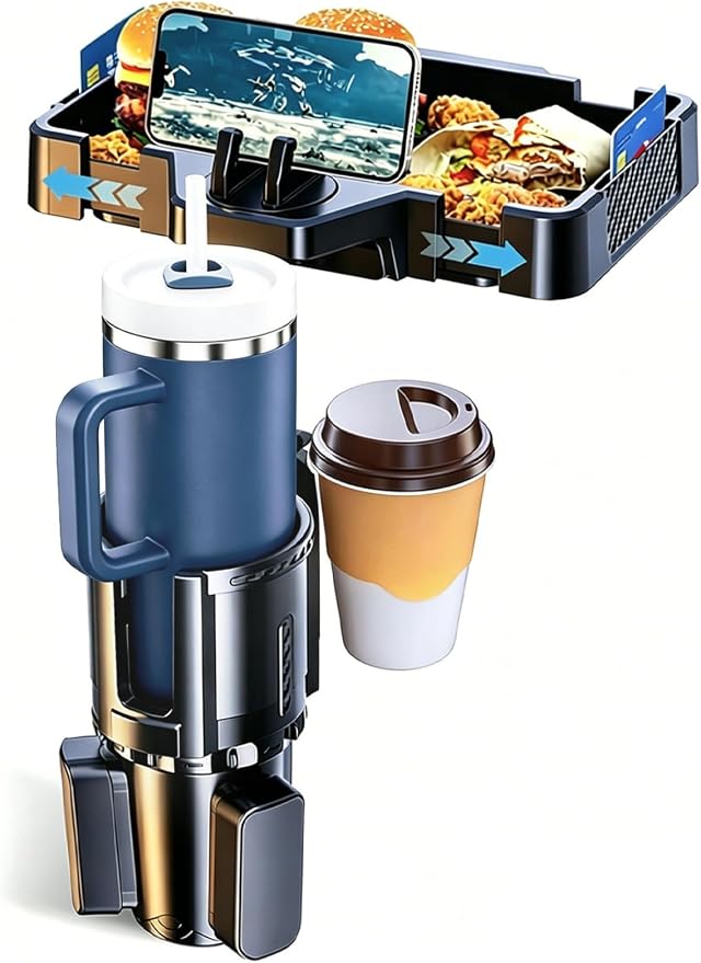 Car Cup Holder Tray, 10 Inch 4-in-1 Cup Holder Tray, 360° Rotating Drink Holder Expander with Detachable Food Tray & Pho