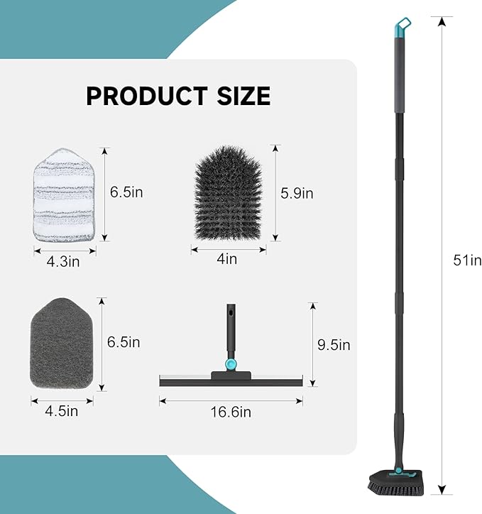 nacena Shower Scrubber with Long Handle, 4 in 1 Tile Tub Scrubber Brush with 3 Detachable Cleaning Shower Heads and Floor Squeegee Shower Cleaner Brush for Bathroom Kitchen Tub Sink Floor, Black