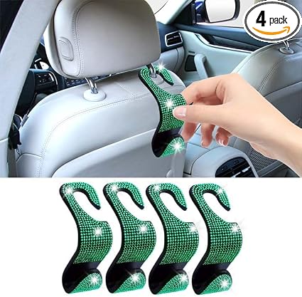 LAINLOY 4PCS Bling Car Headrest Hook, Crystal Rhinestone Back Seat Purse Holder, Car Seat Hanger Storage for Bag, Grocer