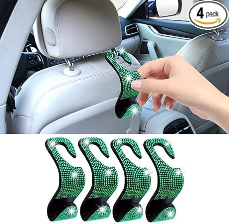 LAINLOY 4PCS Bling Car Headrest Hook, Crystal Rhinestone Back Seat Purse Holder, Car Seat Hanger Storage for Bag, Grocer