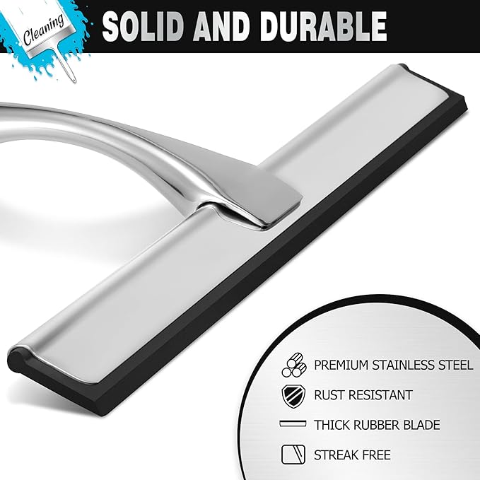 NETANY Shower Squeegee, 10-Inch Silver Squeegee, All-Purpose Stainless Steel Squeegee for Bathroom, Shower Doors, Mirrors, Tiles and Car Windows - 100% Streak Free