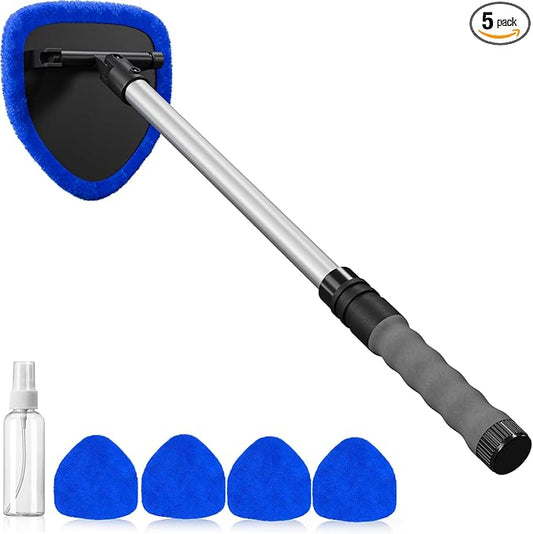 desin Windshield Cleaning Tool, Car Window Cleaner Windshield Cleaner with 4 Reusable and Washable Microfiber Pads and Extendable Handle Auto Inside Glass Wiper Kit