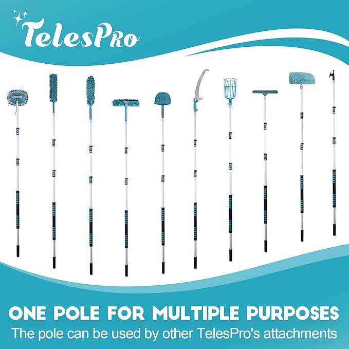 TelesPro 20 Feet High Reach Window Squeegee with 5-12Ft Extension Pole, Window Cleaner Tool with 3-Stage Telescoping Pole, Window Cleaning Kit with Rotatable Head (2 Squeegee & 2 Microfibre Cloths)