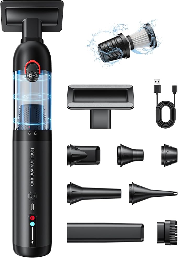 Handheld Car Vacuum Portable Cordless, Hand held Vacuum Cleaner with 21000 Pa Suction Power Mini Air Duster Vacuum for Car Cleaning, Home, Office, Pet Hair | Multi-Nozzle, Washable Filter