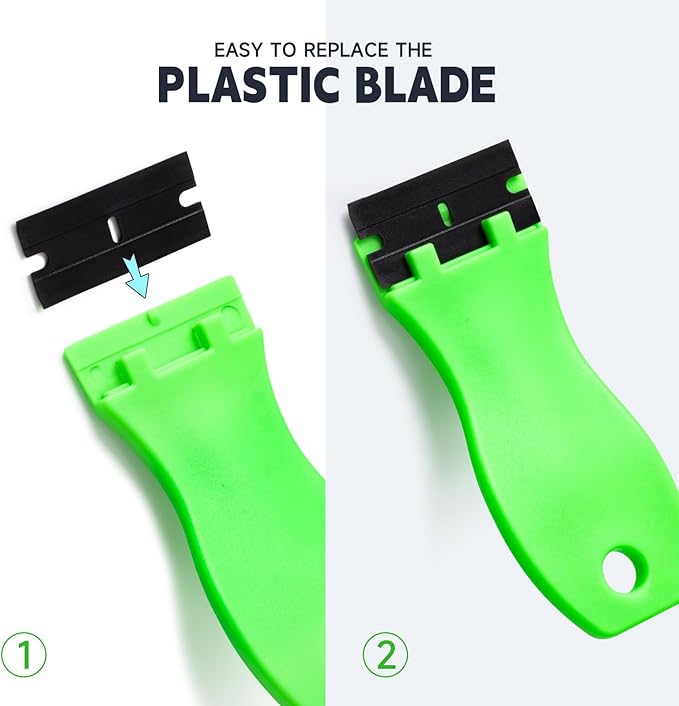 FOSHIO 2PCS Plastic Razor Blade Scraper Tool and 100PCS Plastic Blades for Gasket Remover, Sticker Remover, Labels Decal and Adhesive Remover for Windows and Glass (Lime Green)