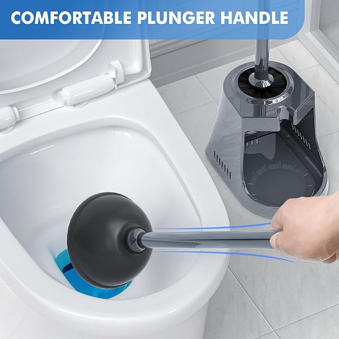 LOVLOY Toilet Plunger and Brush with Holder, Bowl Brush and Heavy Duty Toilet Plunger Set with Ventilated Holder, 2-in-1 Toilet Brush and Plunger Combo for 5.3-inch Toilet Drain New Pack (Grey, 1)